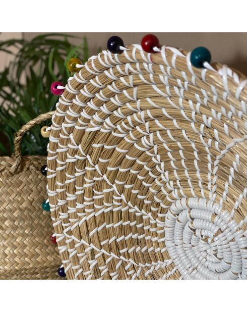 Cestino rotondo Milos beige in alghe marine e perline di legno - 40x5 cm