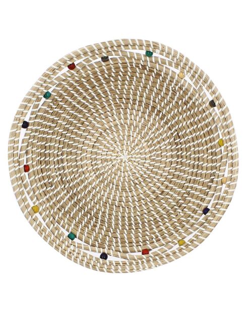 Cestino rotondo Milos beige in alghe marine e perline in legno - D.37x9 cm