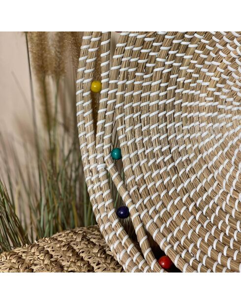 Cestino rotondo Milos beige in alghe marine e perline in legno - D.37x9 cm