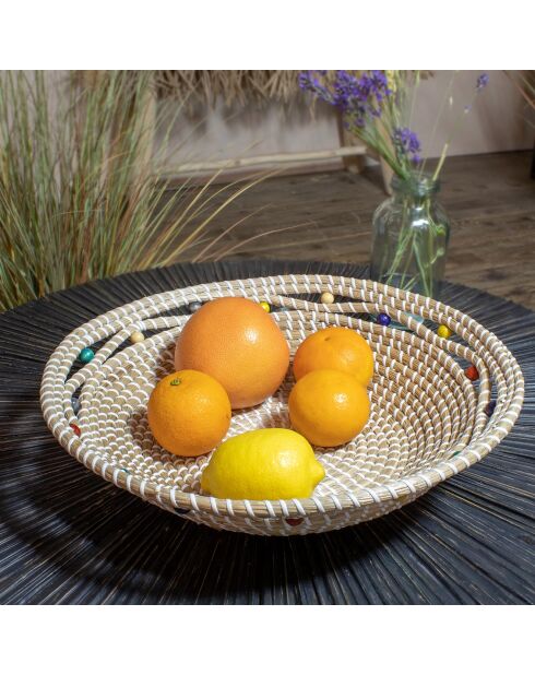 Cestino rotondo Milos beige in alghe marine e perline in legno - D.37x9 cm