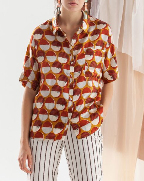 Cléo Satinhemd gelb/rot/ecru bedruckt