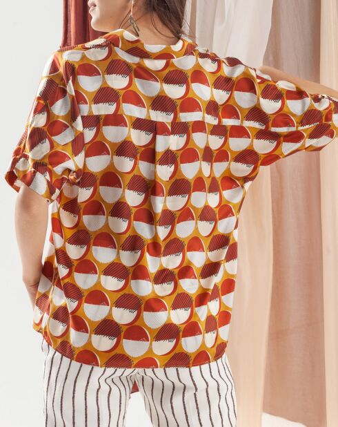 Cléo Satinhemd gelb/rot/ecru bedruckt