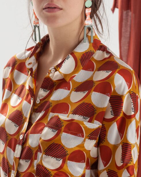 Cléo Satinhemd gelb/rot/ecru bedruckt