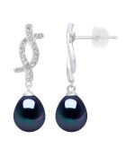 Ohrringe aus Rhodiumsilber, Zirkonia und Süßwasserperlen mit schwarzen Tahiti-Birnen-Süßwasserperlen