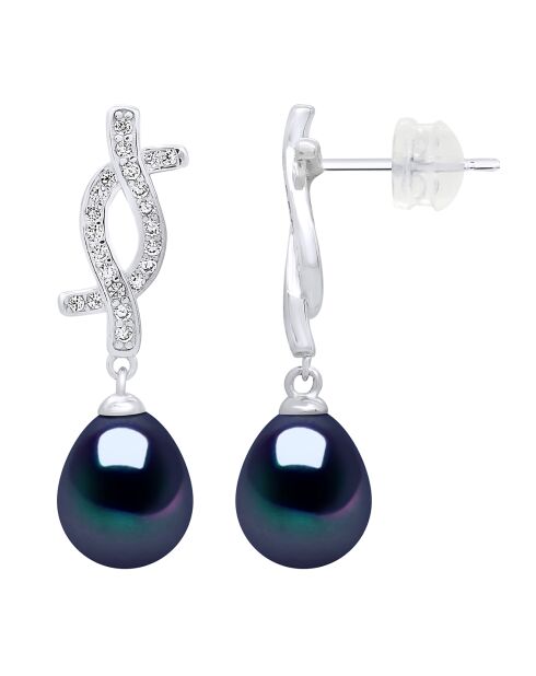 Oorbellen van gerhodineerd zilver, zirkonia en zoetwaterparels met zwarte zoetwaterparels uit Tahiti-peer