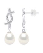 Boucles d'oreilles Pendantes en Argent rhodié, Zircone & Perles d'Eau Douce poires blanc naturel