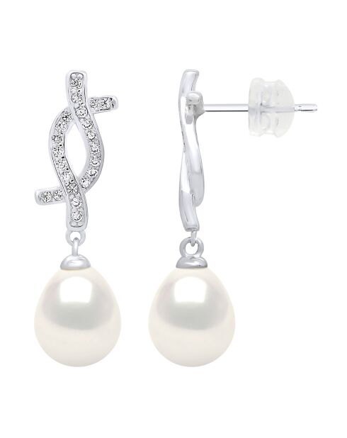 Boucles d'oreilles Pendantes en Argent rhodié, Zircone & Perles d'Eau Douce poires blanc naturel