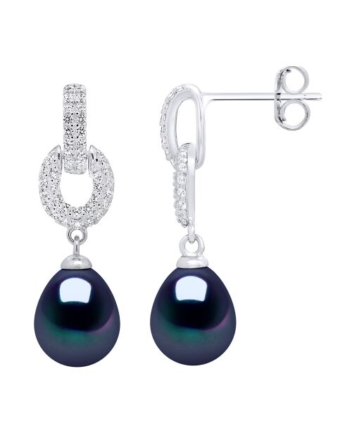 Boucles d'oreilles Pendantes en Argent, Zircone & Perles d'Eau Douce poires black tahiti