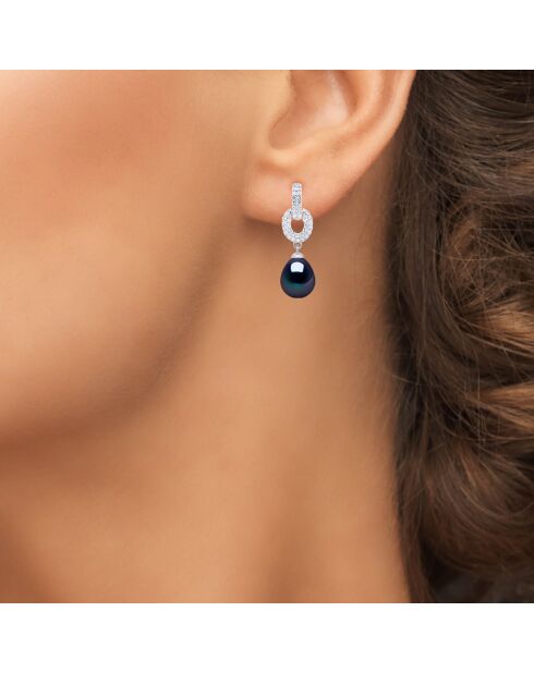 Boucles d'oreilles Pendantes en Argent, Zircone & Perles d'Eau Douce poires black tahiti