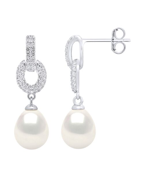 Ohrringe aus natürlichem weißem Birnensilber, Zirkonia und Süßwasserperlen