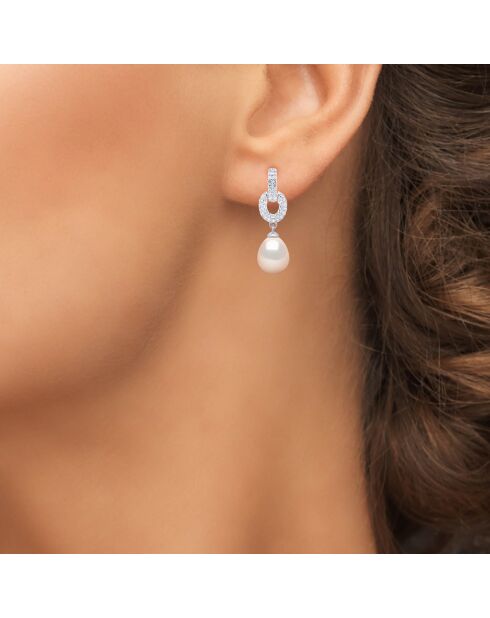 Boucles d'oreilles Pendantes en Argent, Zircone & Perles d'Eau Douce poires blanc naturel