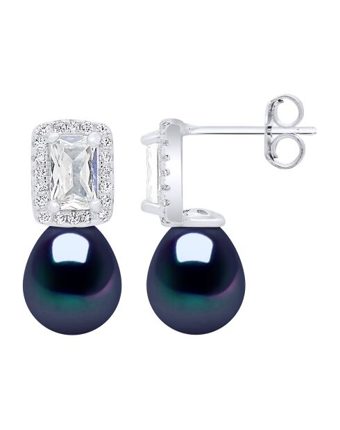 Boucles d'oreilles Pendantes en Argent, Zircone & Perles d'Eau Douce poires black tahiti