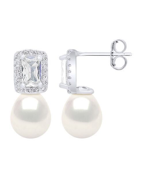 Boucles d'oreilles Pendantes en Argent rhodié, Zircone & Perles d'Eau Douce poires blanc naturel