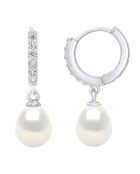 Boucles d'oreilles Créoles en Argent rhodié, Zircone & Perles d'Eau Douce poires blanc naturel