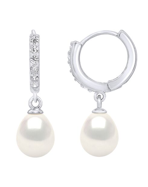 Boucles d'oreilles Créoles en Argent rhodié, Zircone & Perles d'Eau Douce poires blanc naturel