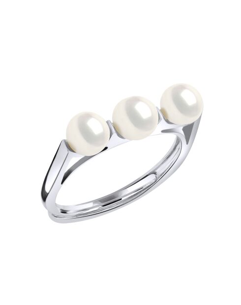 Trilogischer verstellbarer Ring aus Rhodiumsilber und Süßwasserperlen mit naturweißen Knöpfen
