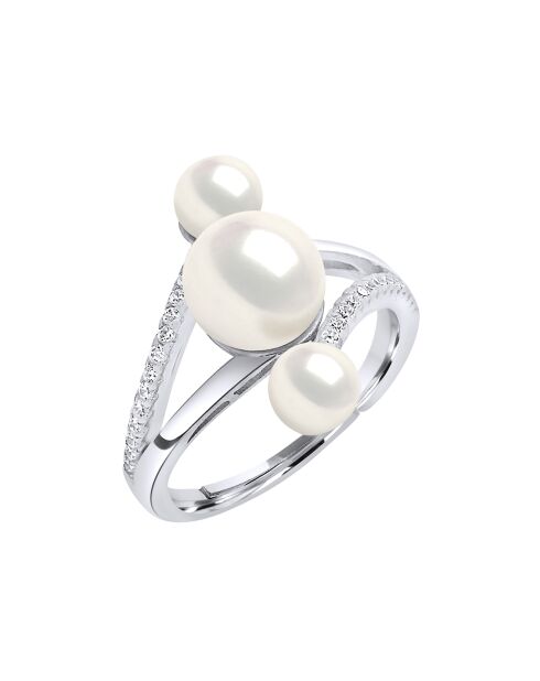 Verstellbarer Trilogie-Ring aus Silber, Zirkonia und Süßwasserperlen mit naturweißen Knöpfen