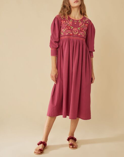 Robe midi brodée Mexico cassis