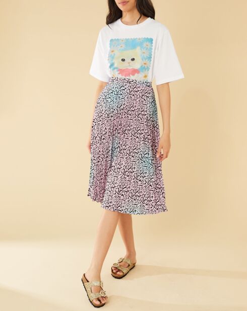 Jupe midi plissée panthère  bleu/rose