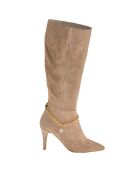 Bottes en Velours Cuir Camelia beiges - Talon 9 cm