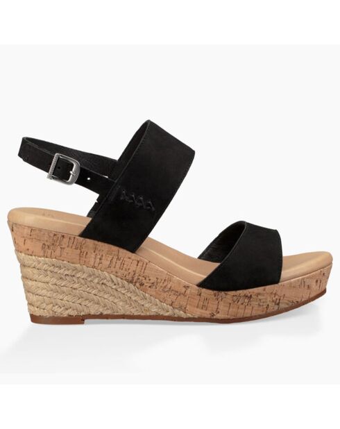 Sandales compensées en Velours de Cuir Elena noires - Talon 7.6 cm