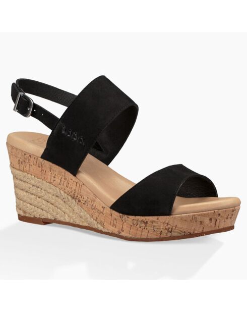 Sandales compensées en Velours de Cuir Elena noires - Talon 7.6 cm