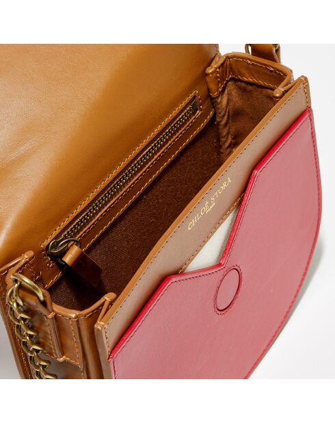 Petit sac bandoulière en Cuir Suzy camel/rouge - 17.5x15x5.5 cm