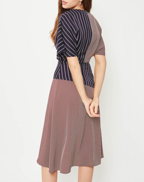 Robe col V évasée rouge/bleu