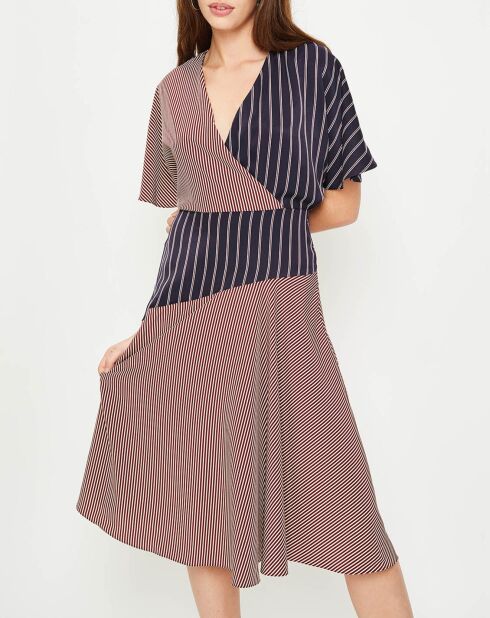 Robe col V évasée rouge/bleu