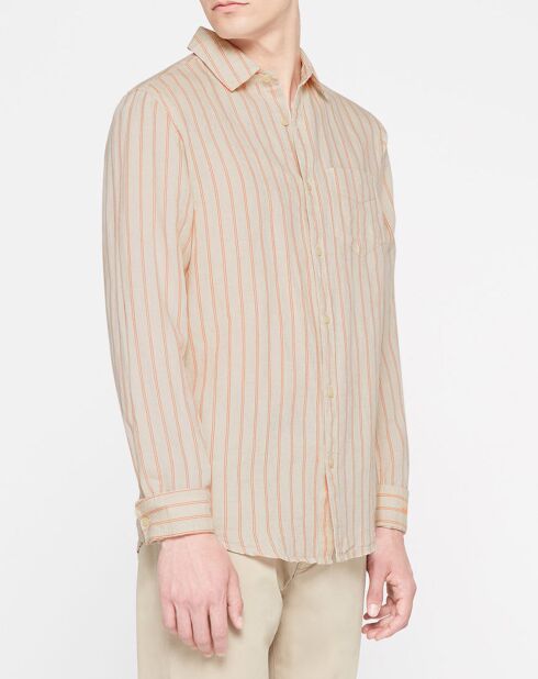 Chemise 100% Lin Regular Fit à rayures beige/rouge