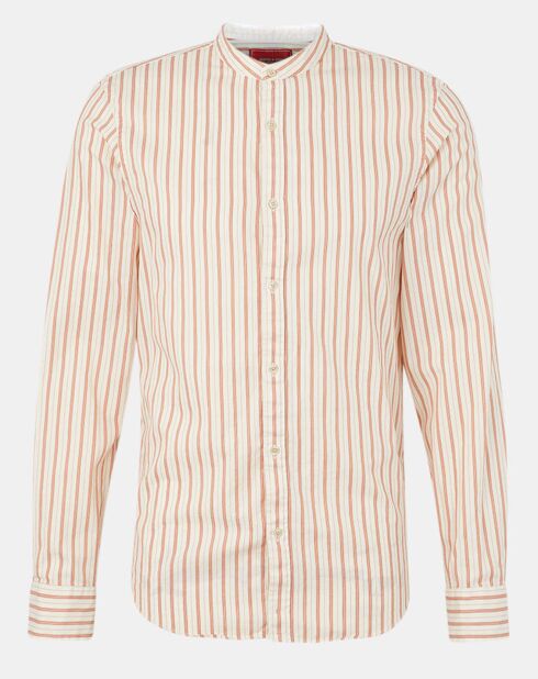 Chemise en Coton bio Regular Fit col mao rayée relax blanc/saumon