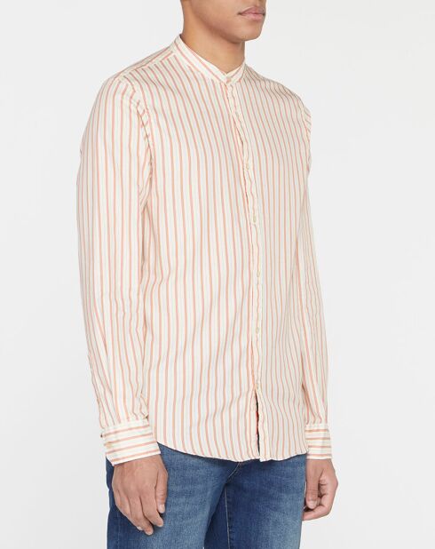 Chemise en Coton bio Regular Fit col mao rayée relax blanc/saumon
