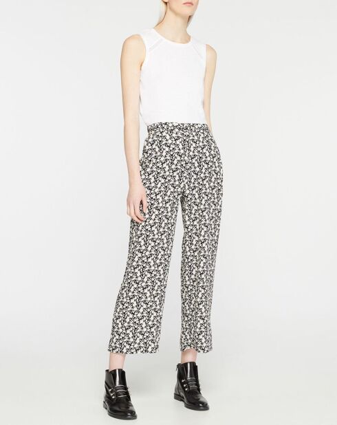 Melanie soepelvallende broek met ecru/zwarte bloemen