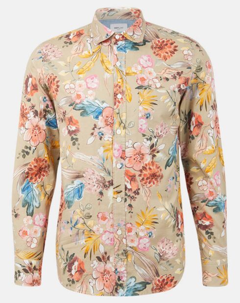 Camisa ajustada con flores de color beige