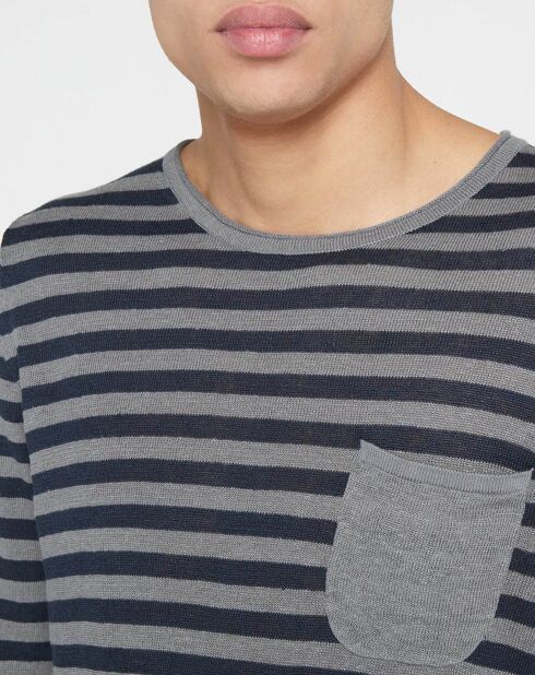 Pull 100% Lin pocket à rayures bleu/gris