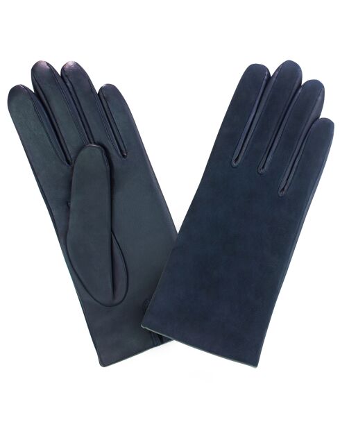 Gants en Cuir d'Agneau bimatière doublure Soie bleu foncé