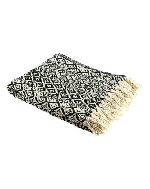 Estampado étnico a cuadros con flecos crudo/negro - 150x120 cm