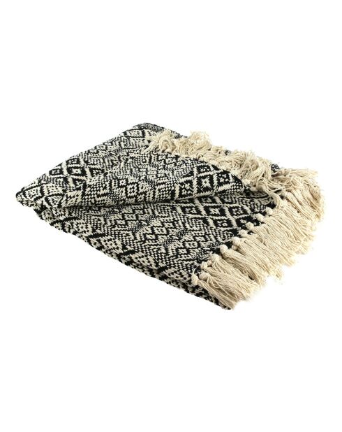 Estampado étnico a cuadros con flecos crudo/negro - 150x120 cm