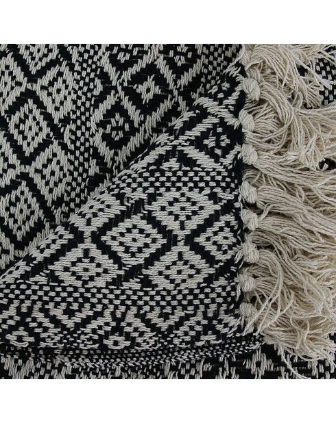 Estampado étnico a cuadros con flecos crudo/negro - 150x120 cm