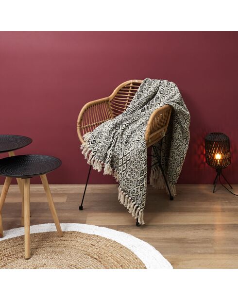 Estampado étnico a cuadros con flecos crudo/negro - 150x120 cm