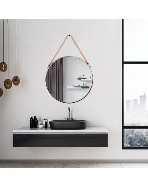 Miroir rond anse jonc noir - D.50 cm