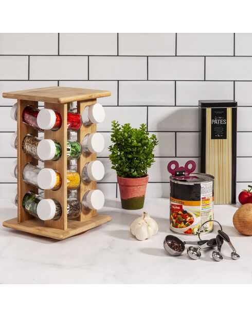 Expositor de especias con 16 tarros marrones, 17,5 x 17,5 x 31 cm