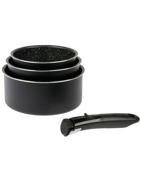 3 Casseroles induction et un manche noires - D.16/18/20 cm