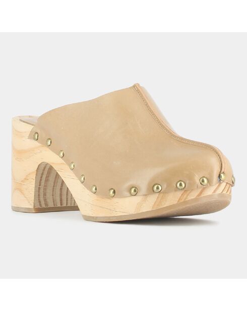 Sabots en Cuir et Bois Martha camel - Talon 8 cm