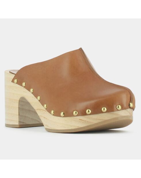 Sabots en Cuir et Bois Martha cognac - Talon 8 cm