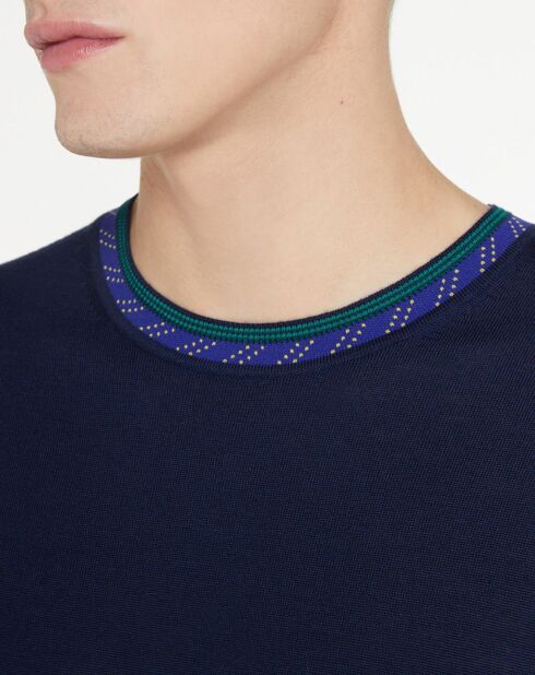 Pull en Laine Mérinos mélangée col contraste corde bleu marine