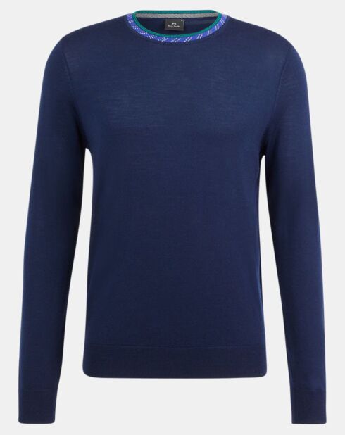 Pull en Laine Mérinos mélangée col contraste corde bleu marine