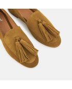 Mocassins en Velours de Cuir Pampilles camel