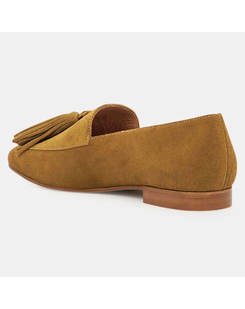 Mocassins en Velours de Cuir Pampilles camel