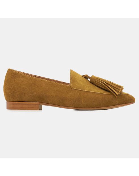 Mocassins en Velours de Cuir Pampilles camel